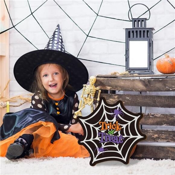 Halloween Spider Web Door Sign Trick or Treat Wooden Hanging Sign - Picture 7 of 8